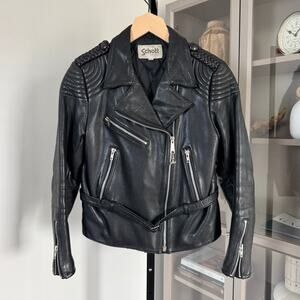 Schott Sportswear Black Leather Quilted Braided Moto Jacket 14 Silver Zip Biker